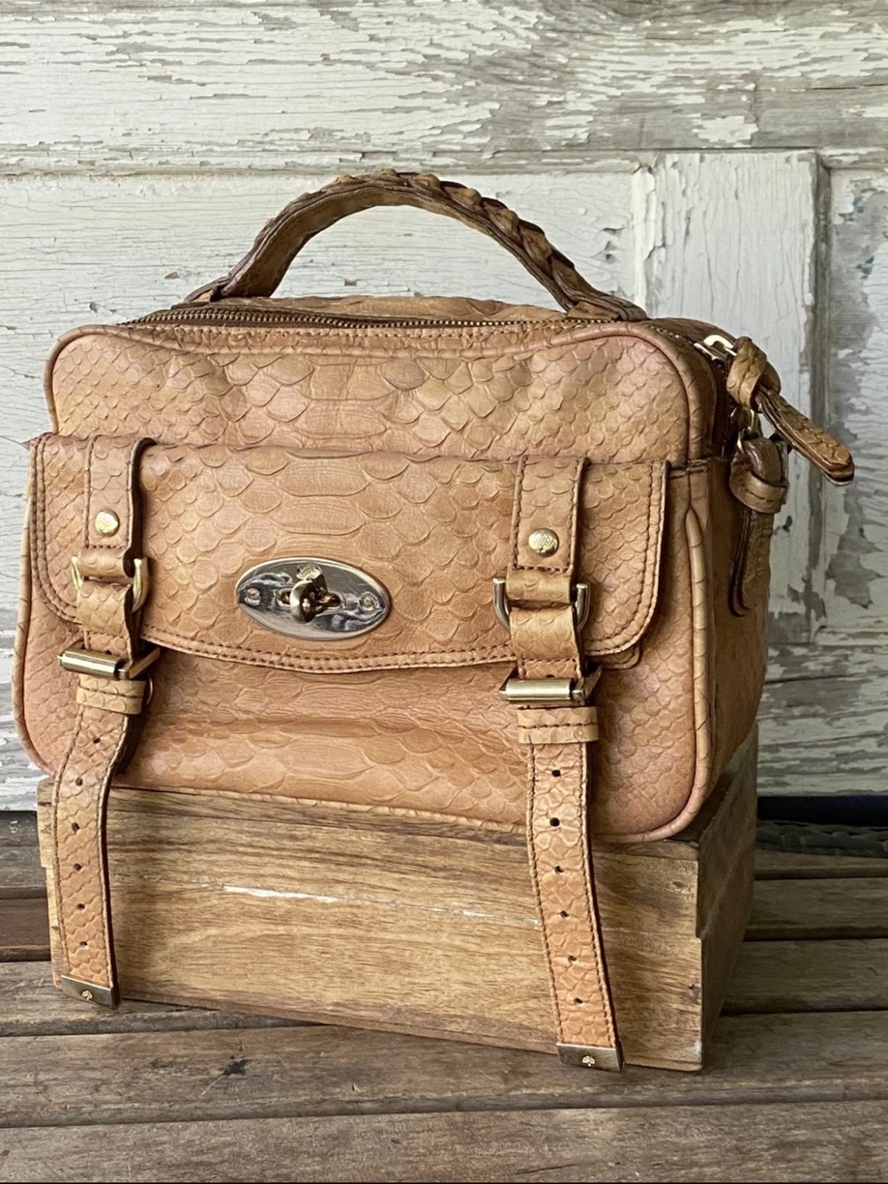 Mulberry Tan Textured Leather Satchel with Braided Top Handle